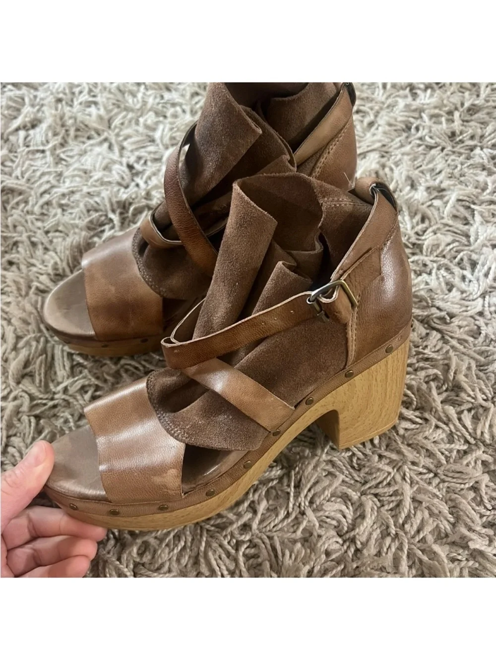 Antelope size 37 Brown Leather Platform Sandals Leather Clog with Ankle Strap